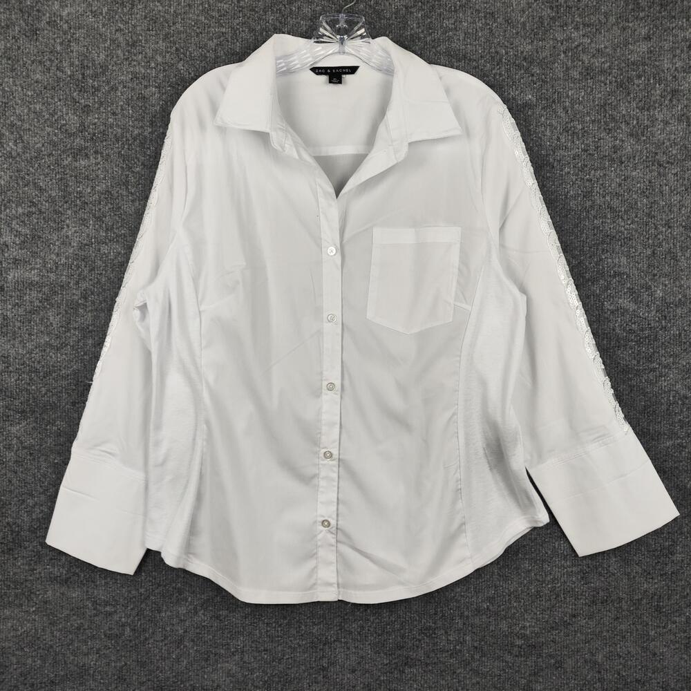 Zac & Rachel Shirt Womens XL White Button Front Lace Sleeve Collared Stretch